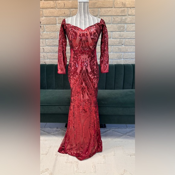 Women's Off Shoulder sleeve Sequins Mermaid Prom Gowns Evening Dress - Picture 6 of 7